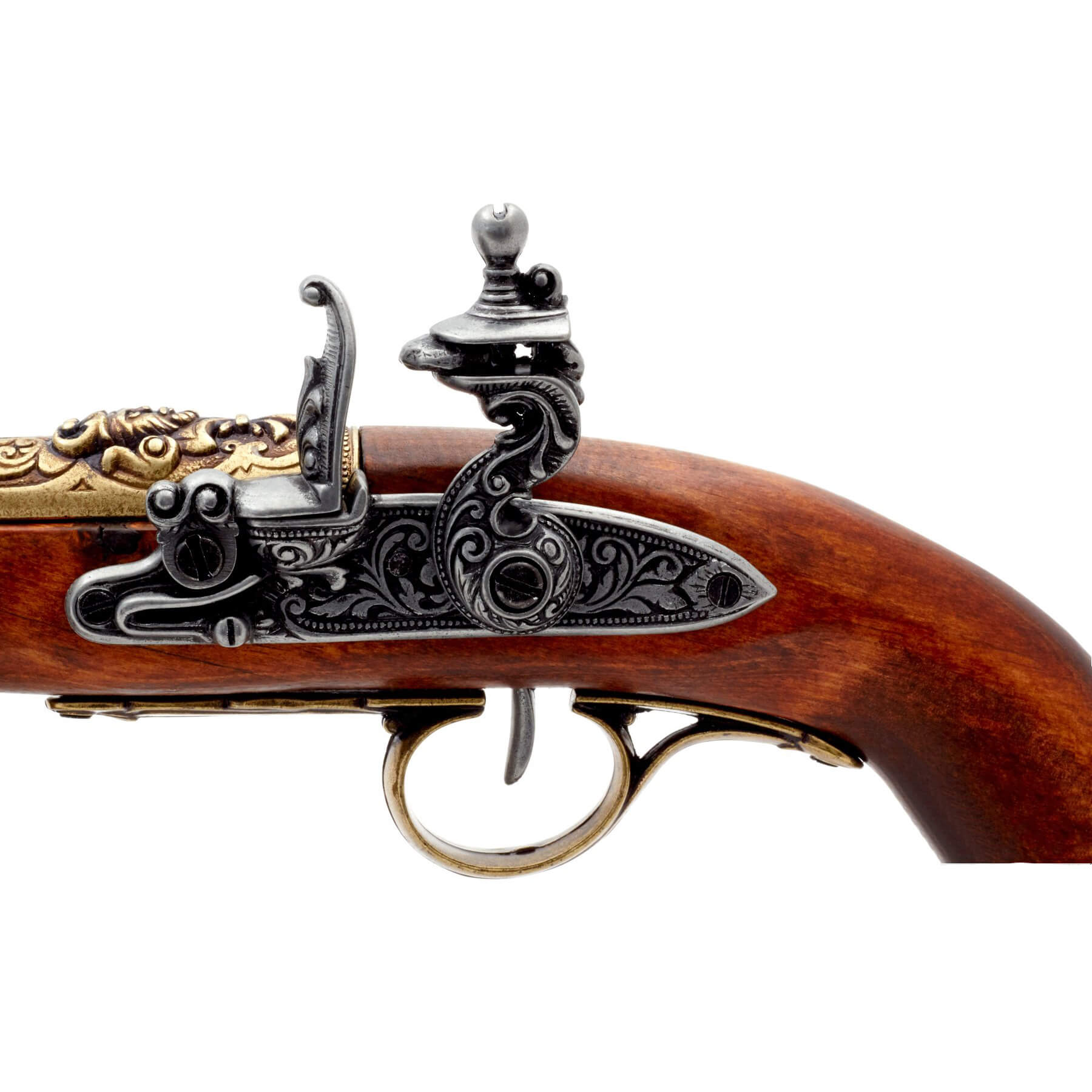 Left-handed pirate flintlock pistol made of wood and brass-finished metal, 18th century