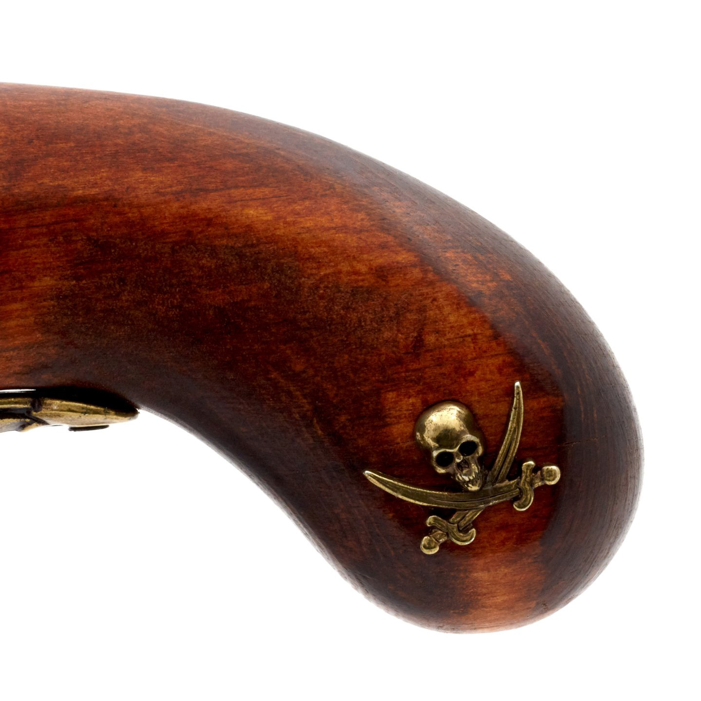 Left-handed pirate flintlock pistol made of wood and brass-finished metal, 18th century