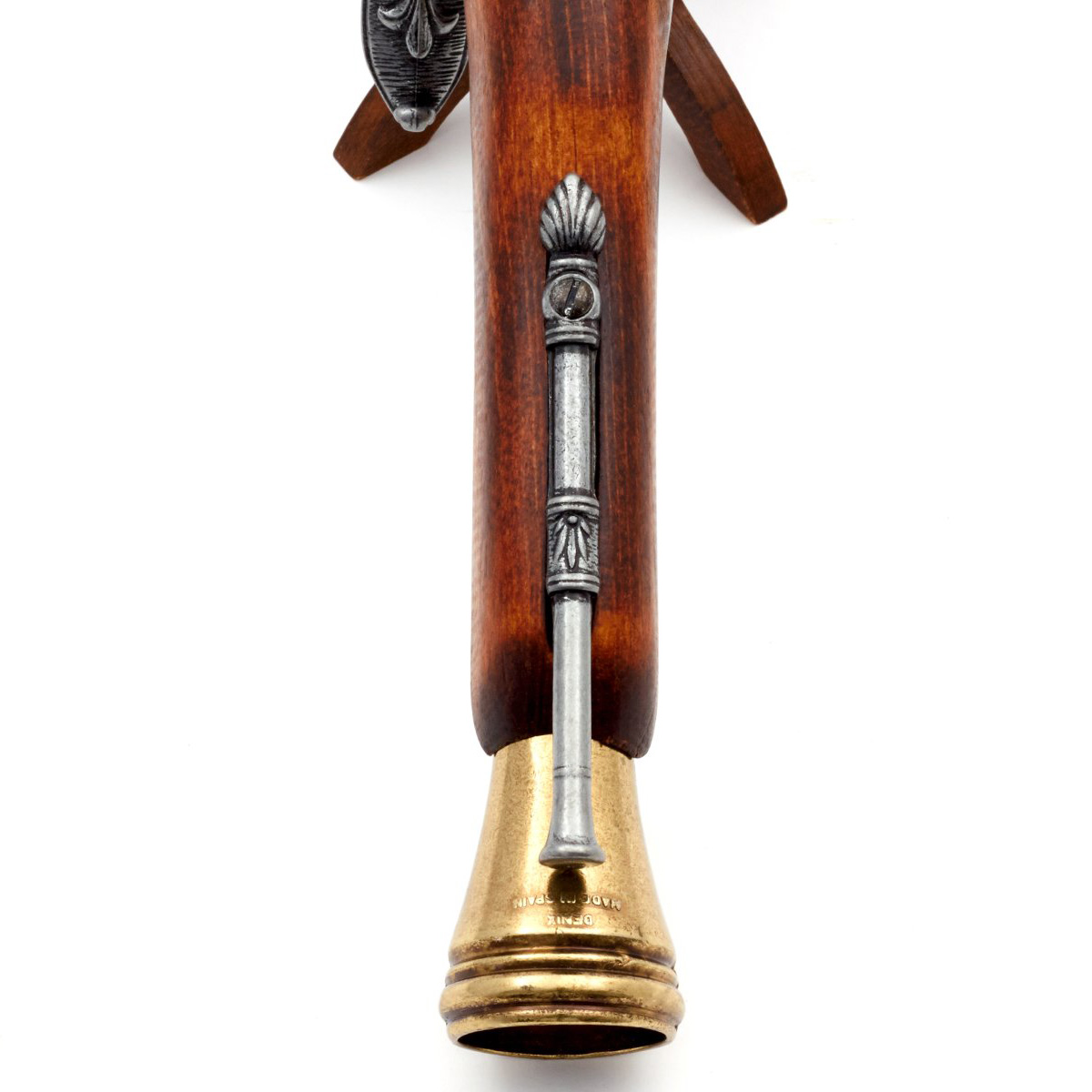 Left-handed pirate flintlock pistol made of wood and brass-finished metal, 18th century