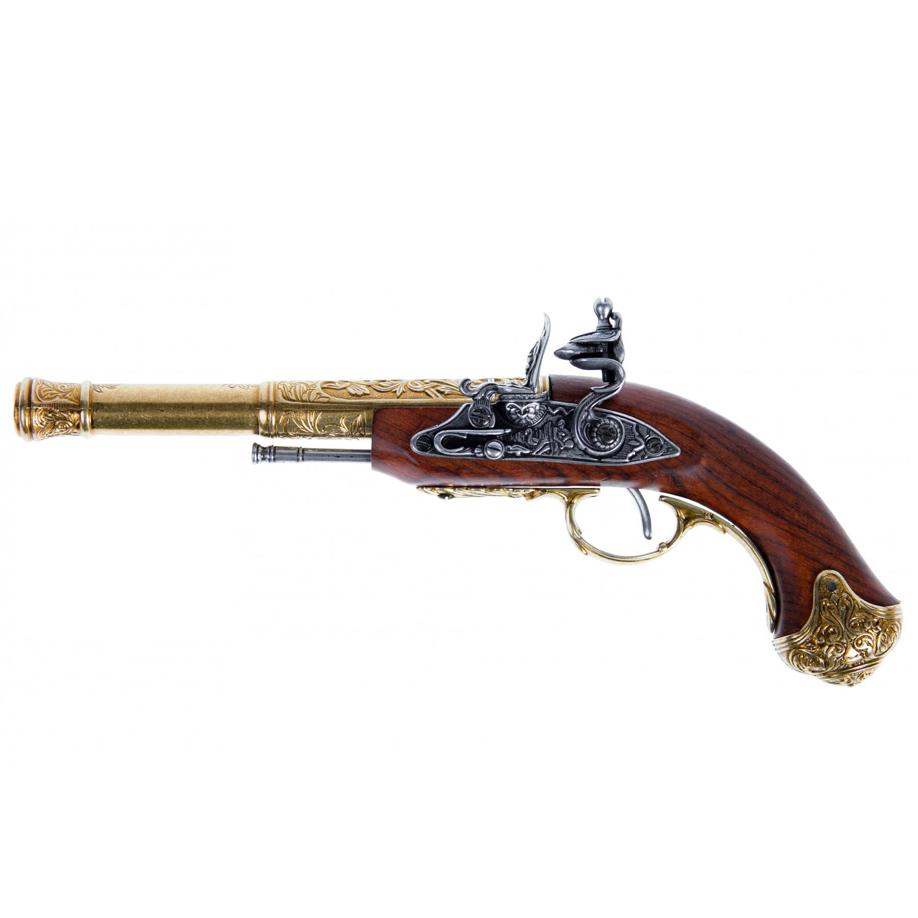Pistola de pederneira para canhotos feita de madeira e metal com acabamento em latão, Índia, século XVIII