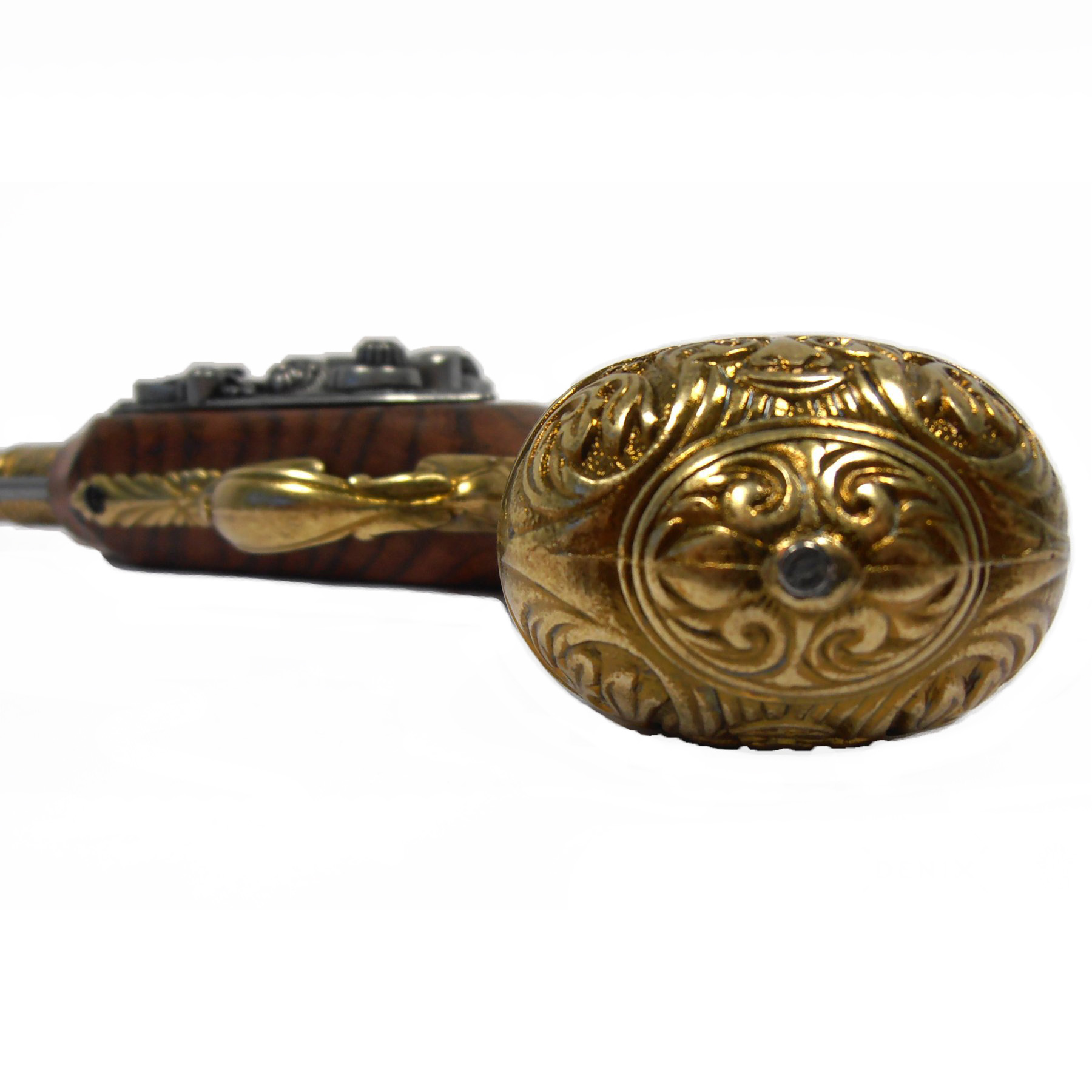 Left-handed flintlock pistol made of wood and brass-finished metal, India, 18th century