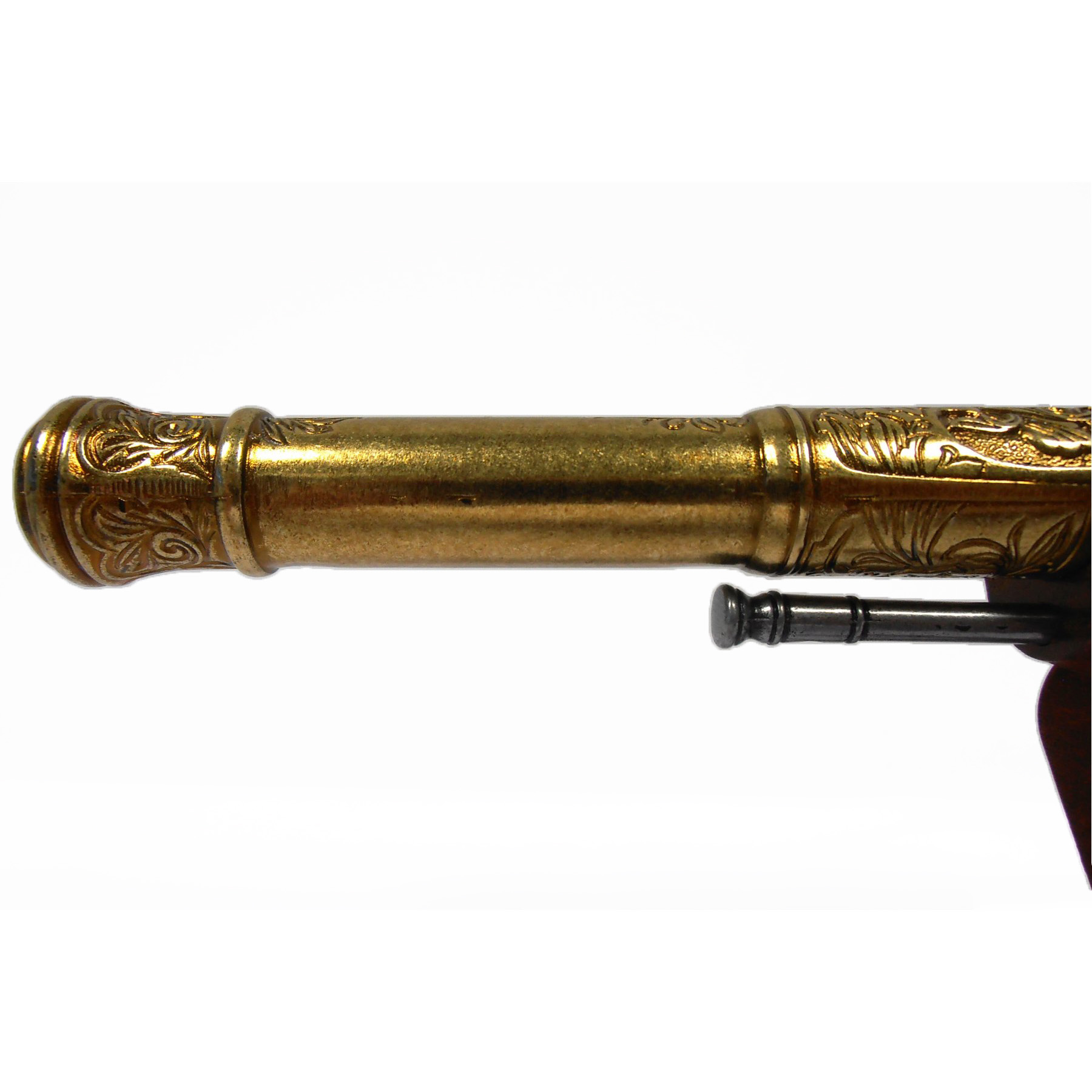 Left-handed flintlock pistol made of wood and brass-finished metal, India, 18th century