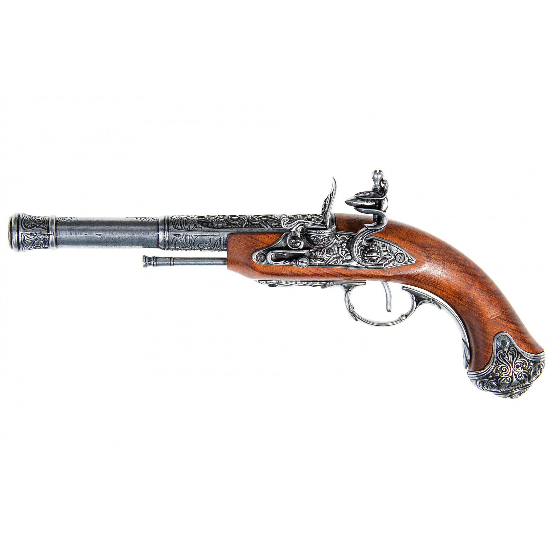 Pistola de pederneira para canhotos feita de madeira e metal, Índia, século XVIII