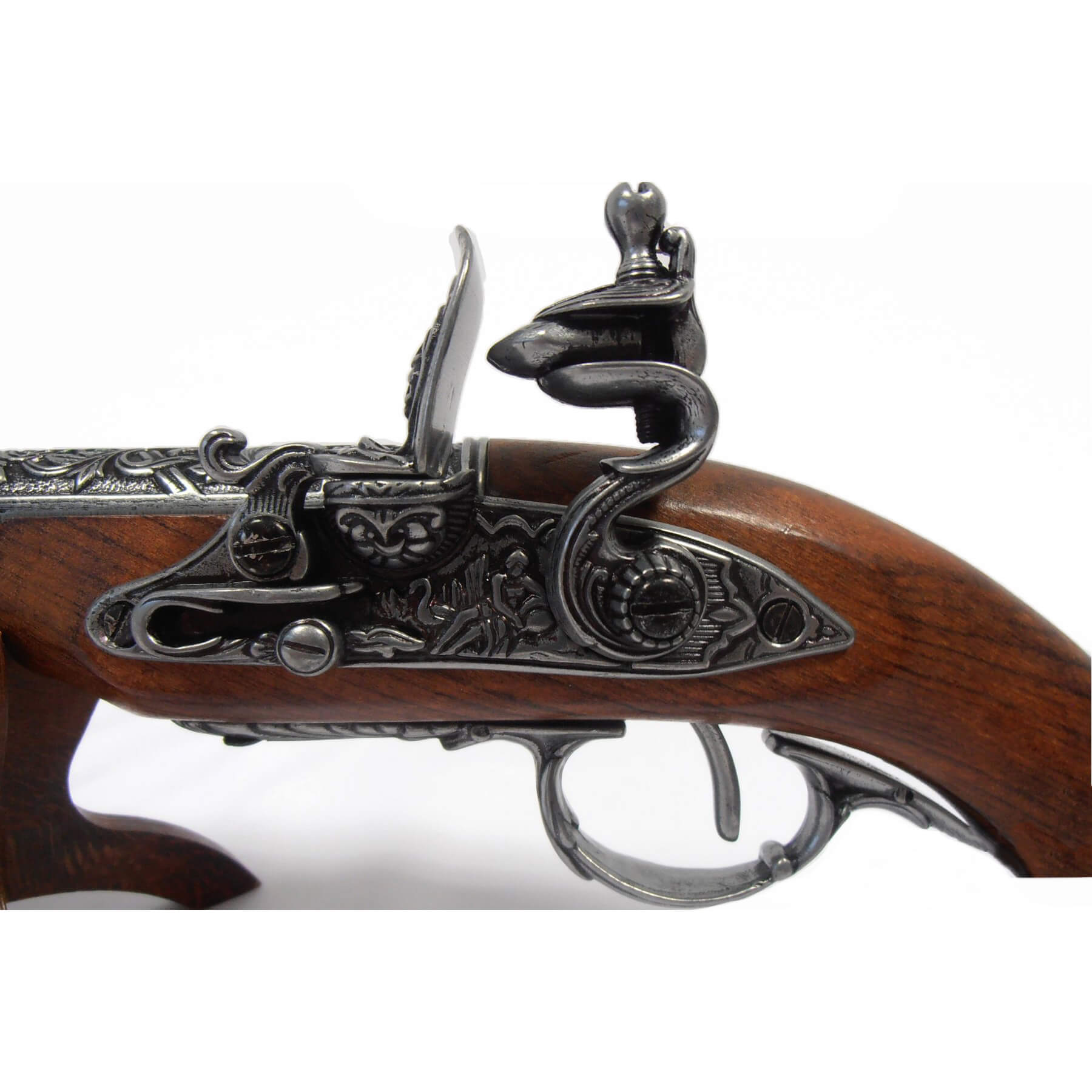 Left-handed flintlock pistol made of wood and metal, India, 18th century