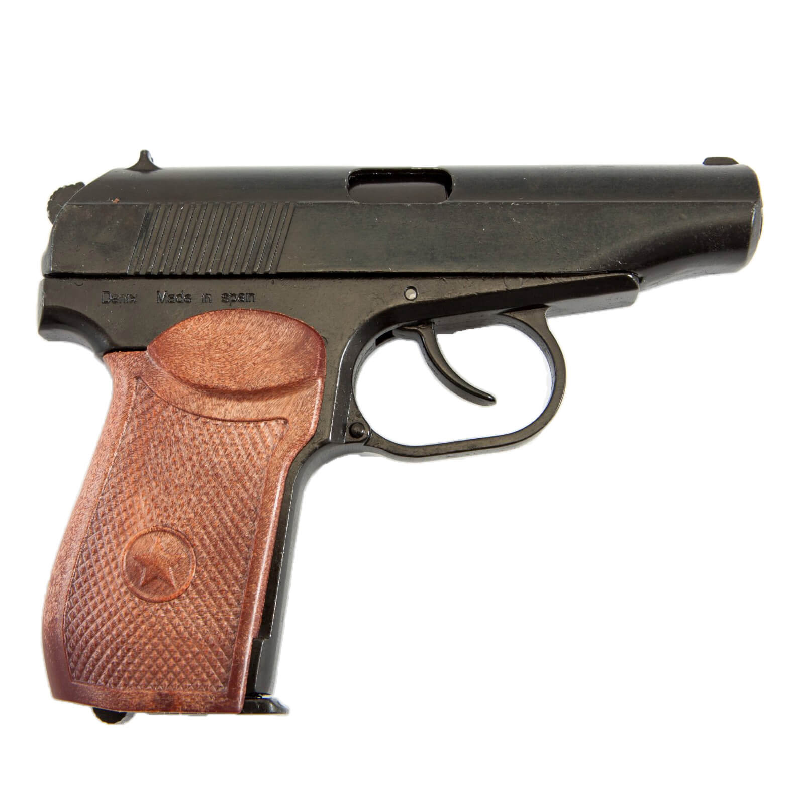 Réplica de pistola PM, Rússia 1955, feita de metal e imitação de madeira plástica