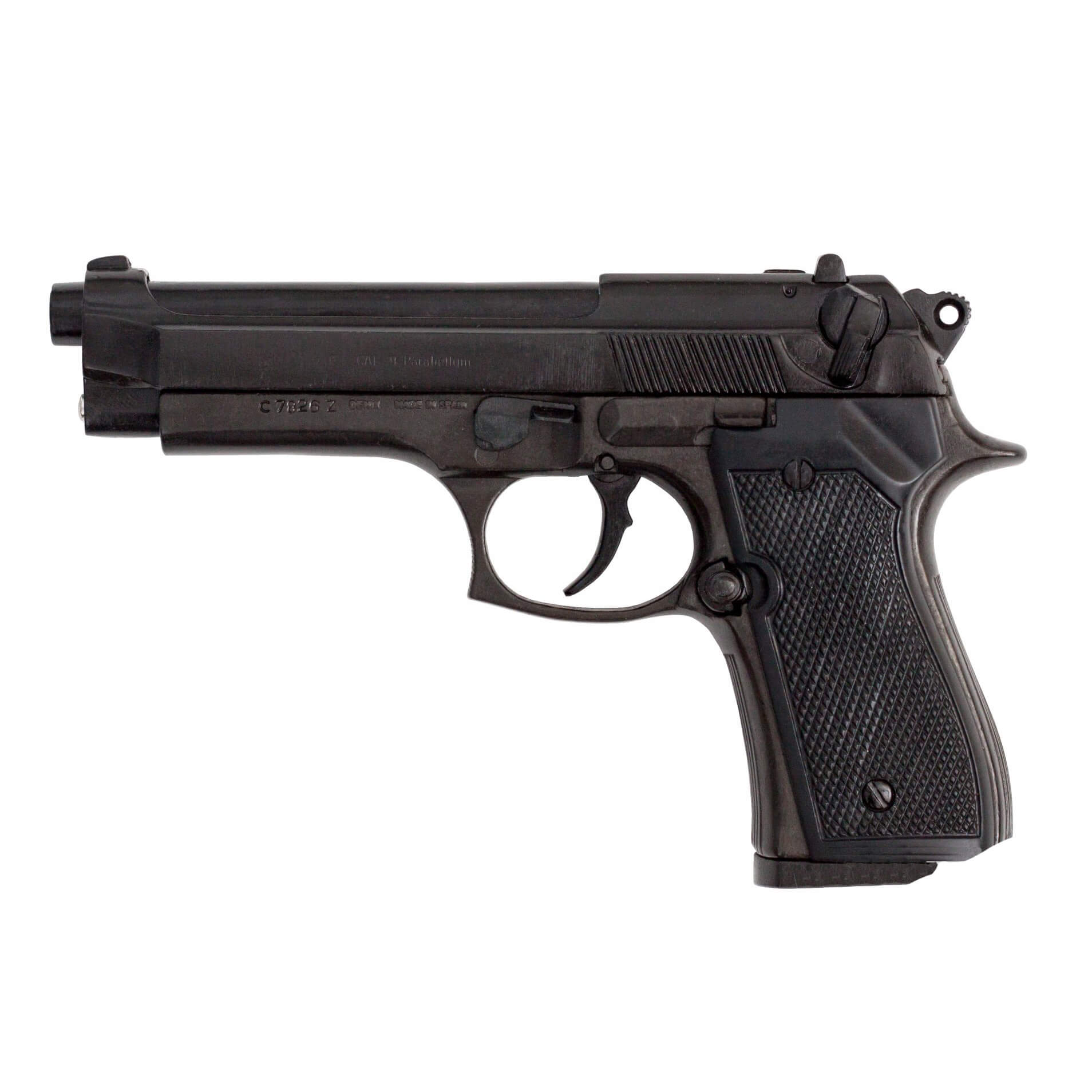 Réplica de pistola Beretta 92 F 9 mm Parabellum, Itália 1975, metal preto e plástico