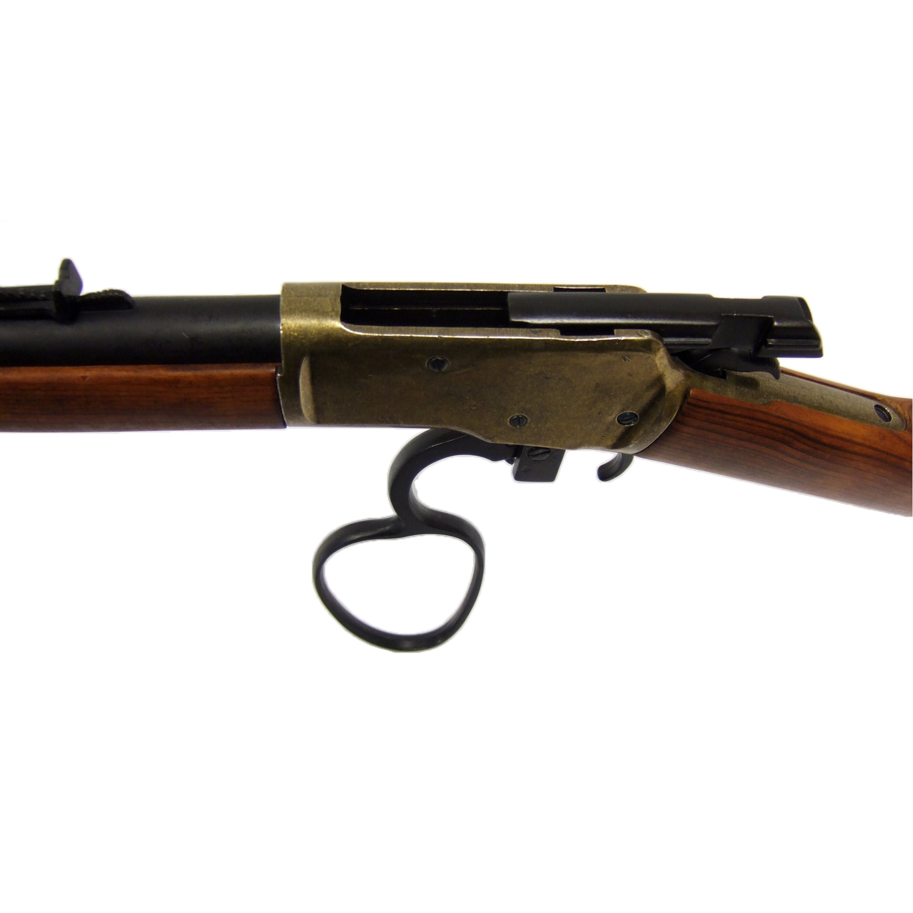 Carabina modelo 92, EUA 1892, fabricada em latão e metal com acabamento em madeira
