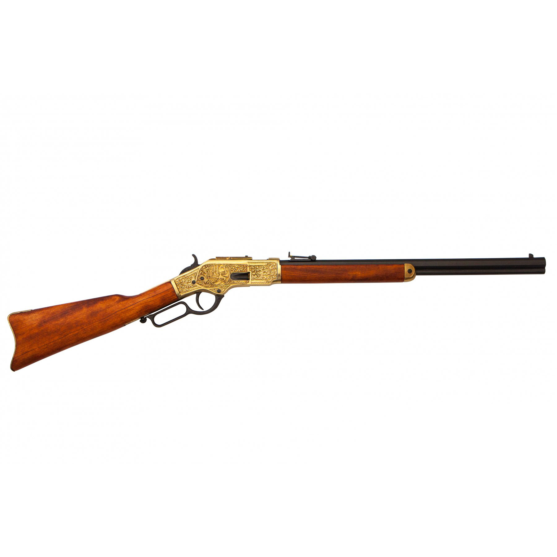 Carabina modelo 73, EUA 1873, fabricada em latão e metal com acabamento em madeira