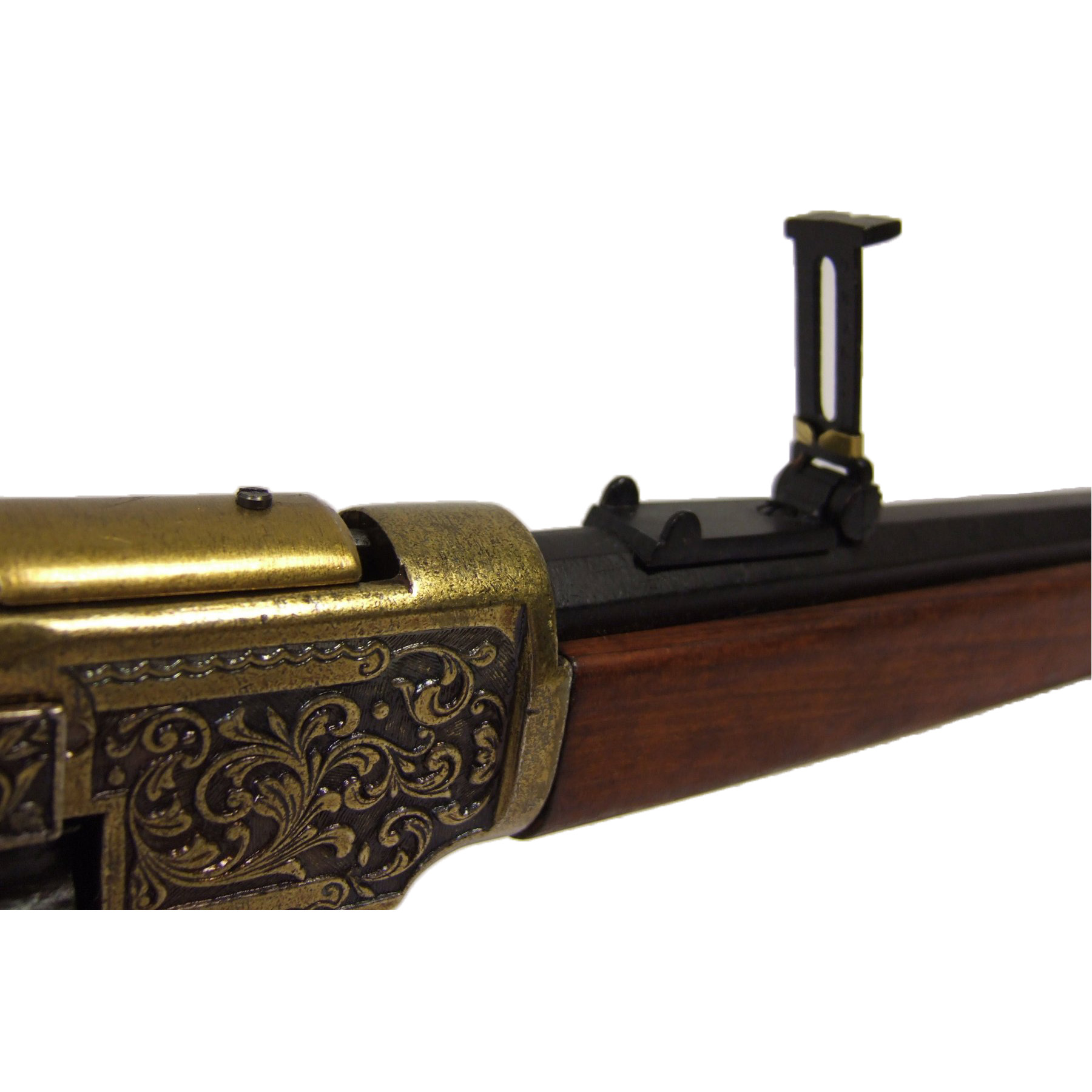 Carabina modelo 73, EUA 1873, fabricada em latão e metal com acabamento em madeira