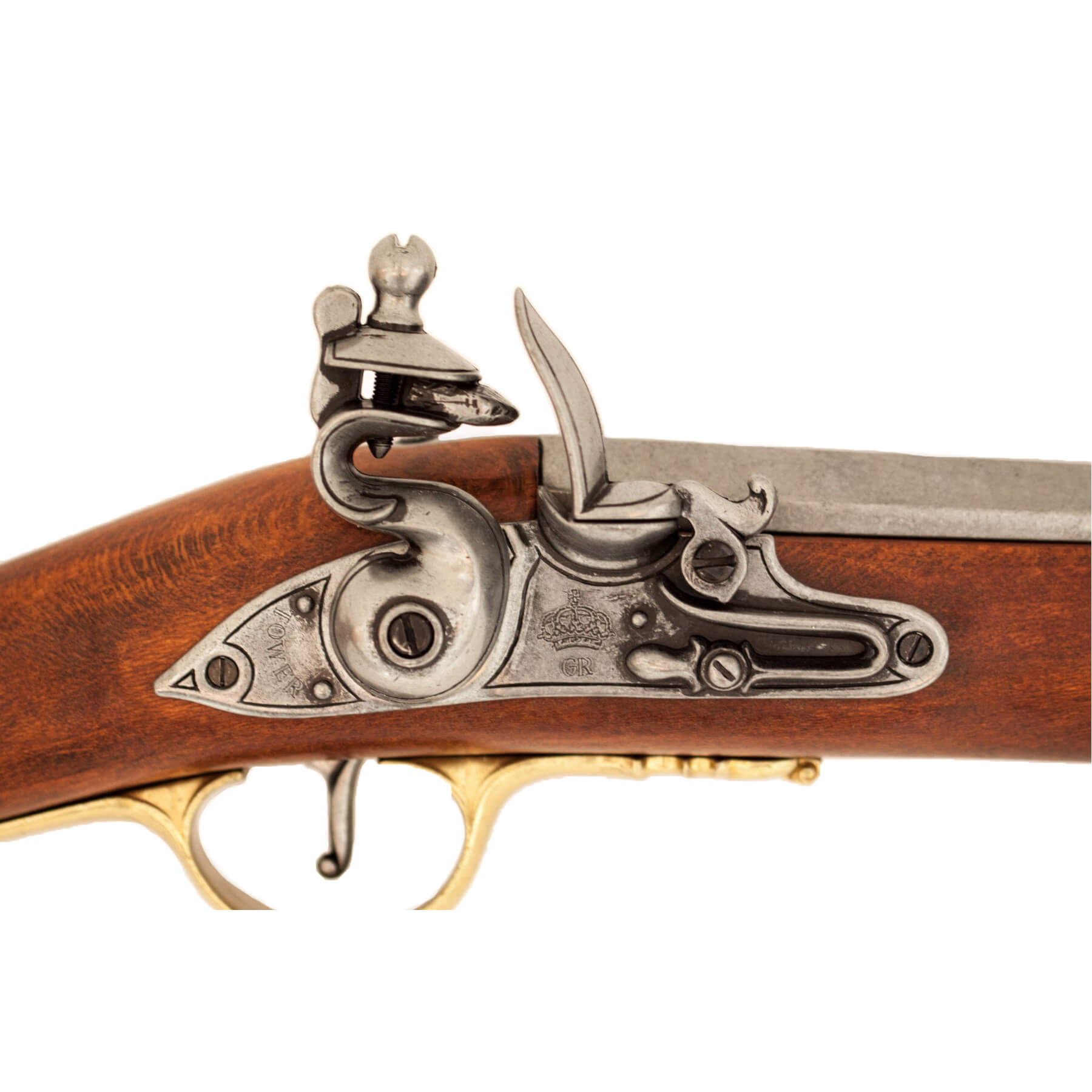 Mosquetão Land Pattern Brown Bess, Inglaterra 1722, fabricado em madeira e metal com detalhes em latão