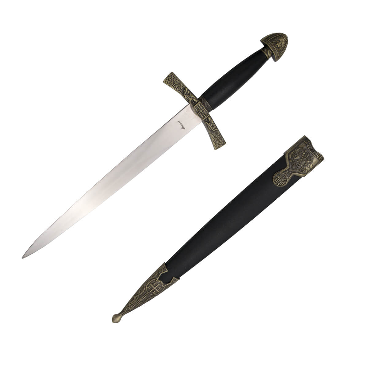 Ivanhoe's dagger with bronze-colored pommel and guard and black hilt and scabbard
