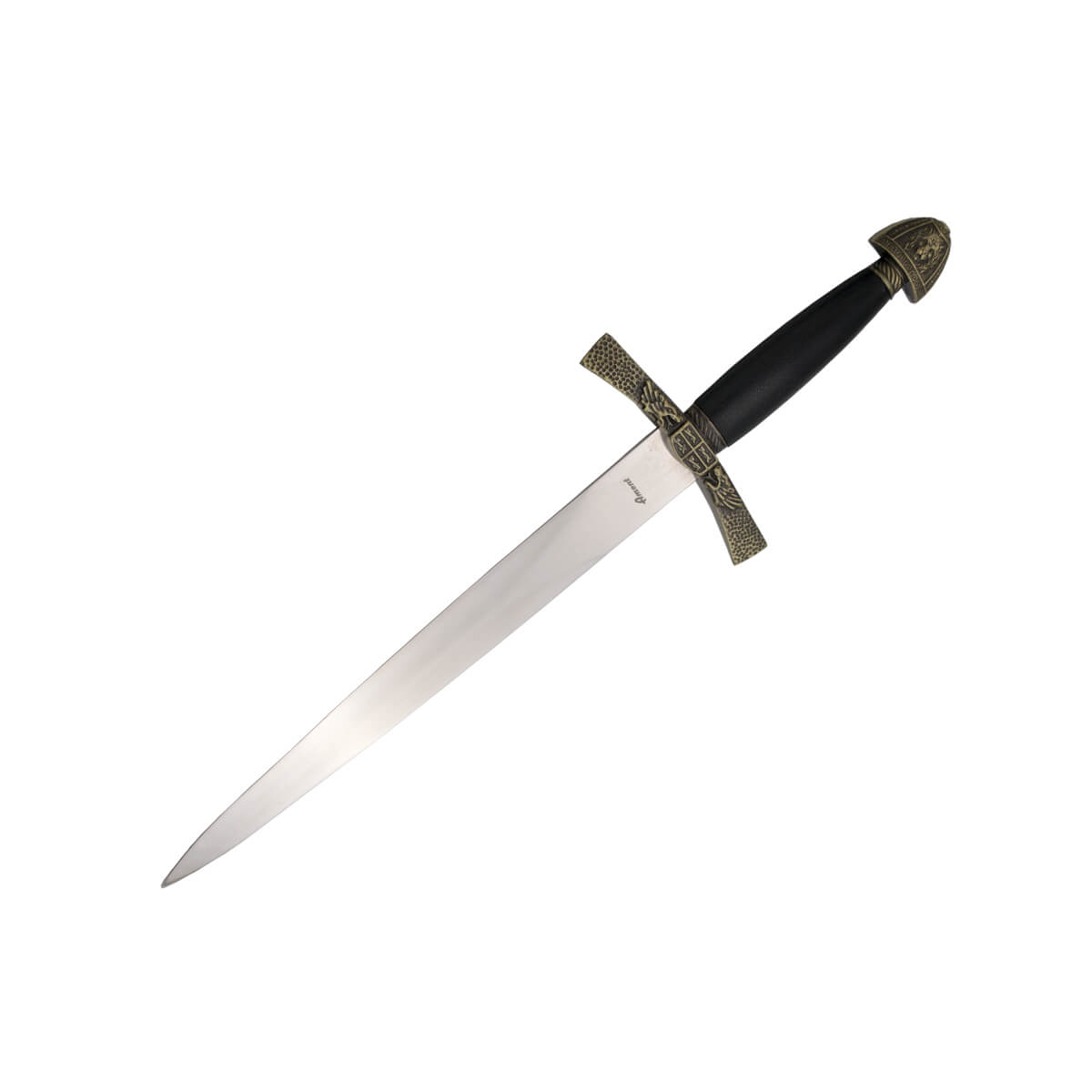 Ivanhoe's dagger with bronze-colored pommel and guard and black hilt and scabbard