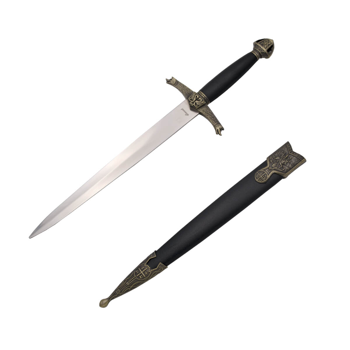 Lancelot's dagger with bronze-colored pommel and guard and black hilt and scabbard
