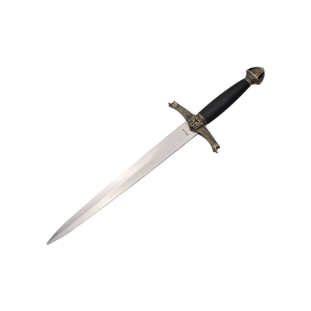 Lancelot's dagger with bronze-colored pommel and guard and black hilt and scabbard