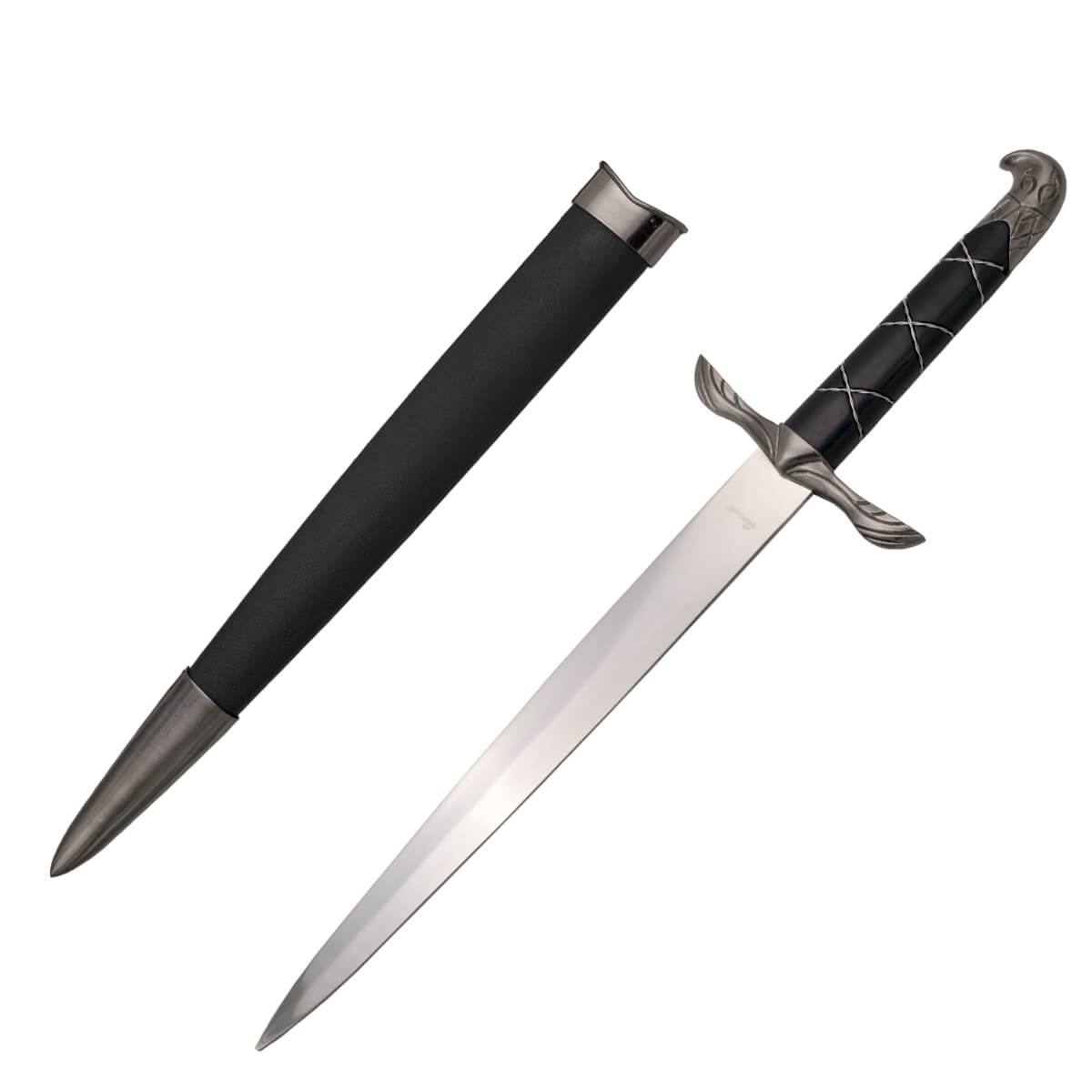 Assassin's Creed-Dolch mit nickelfarbenem adlerförmigem Knauf, Nickelschutz und schwarzem Griff und schwarzer Scheide