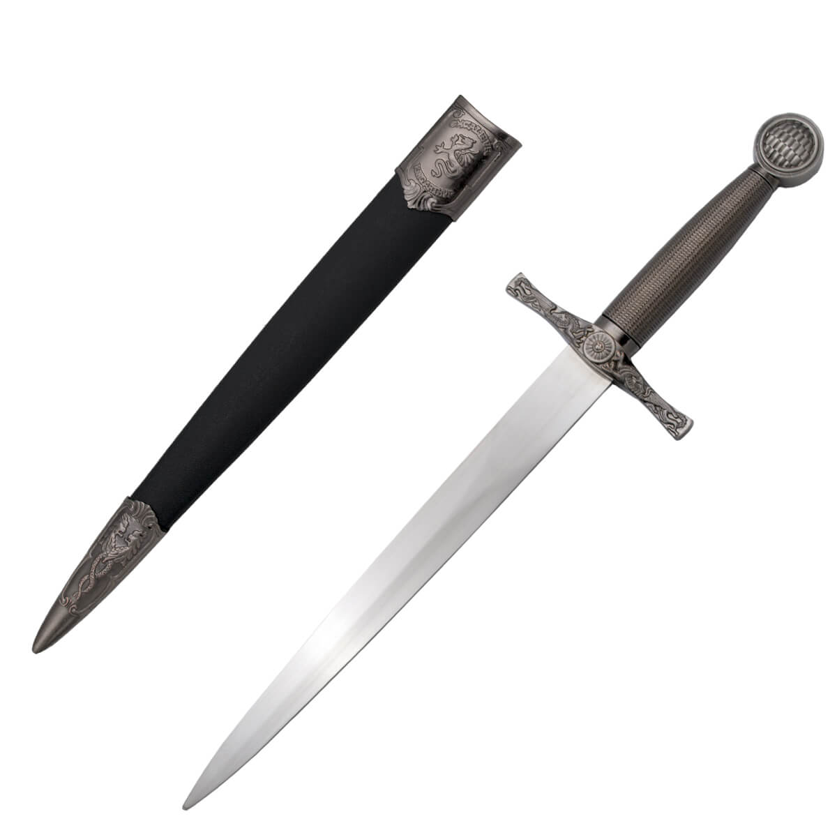 Excalibur-Dolch mit nickelfarbenem Knauf, Parierstange und Griff sowie schwarzer Scheide