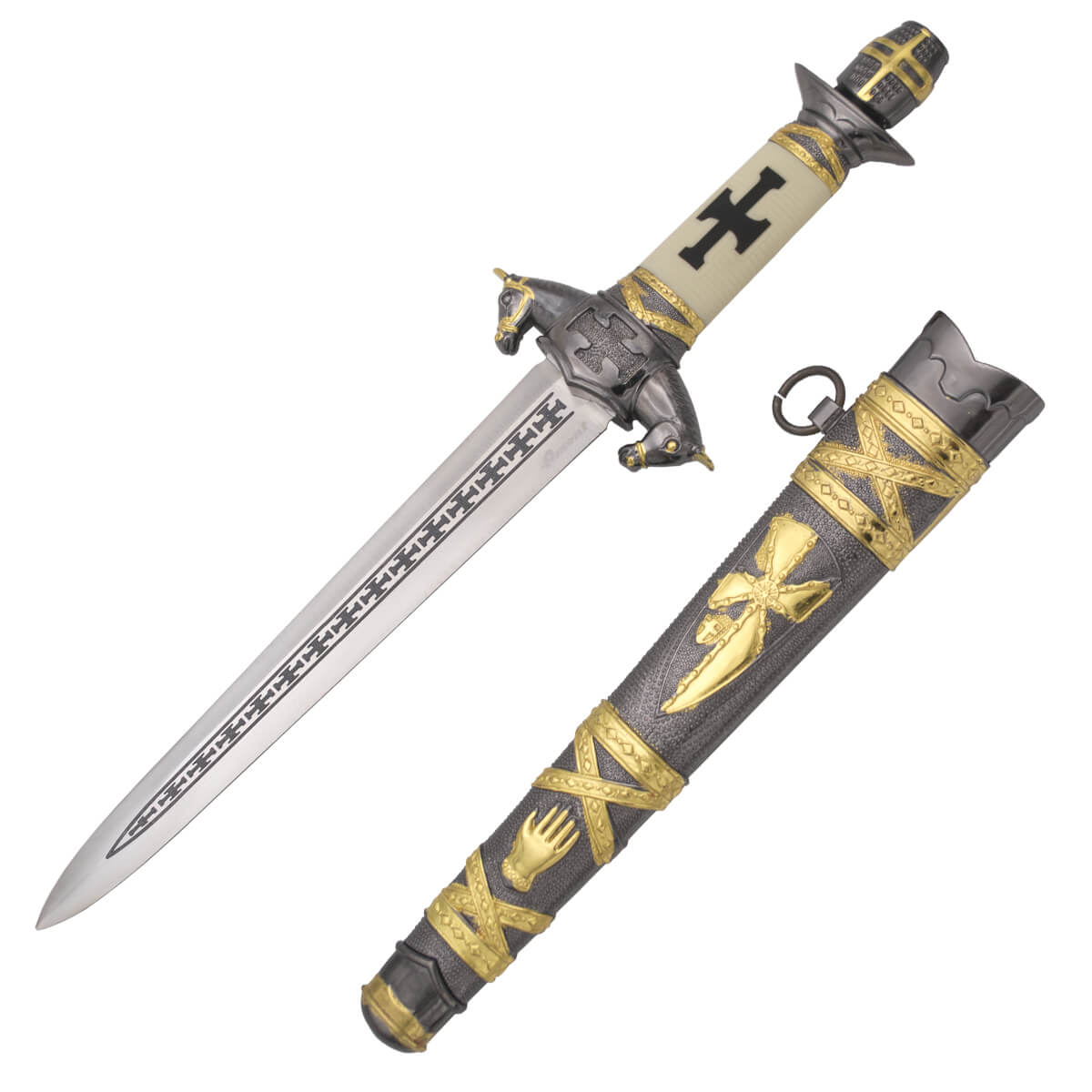 Mittelalterlicher Ritterdolch mit Pomo und Parierstange in Nickelfarbe und Folie mit 22 cm Gravuren