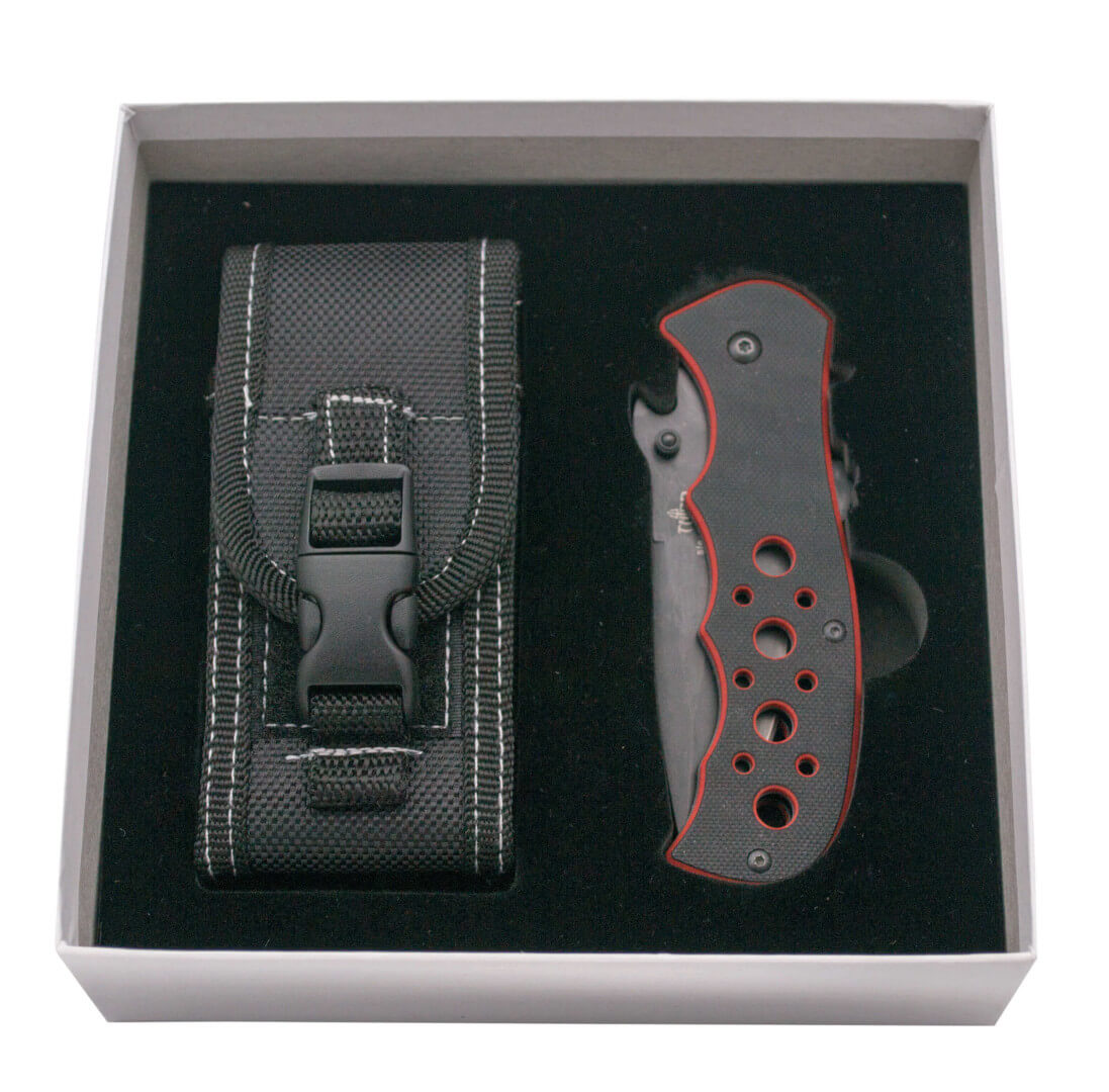 Navaja con apertura asistida y mango de G10 bicolor rojo y negro