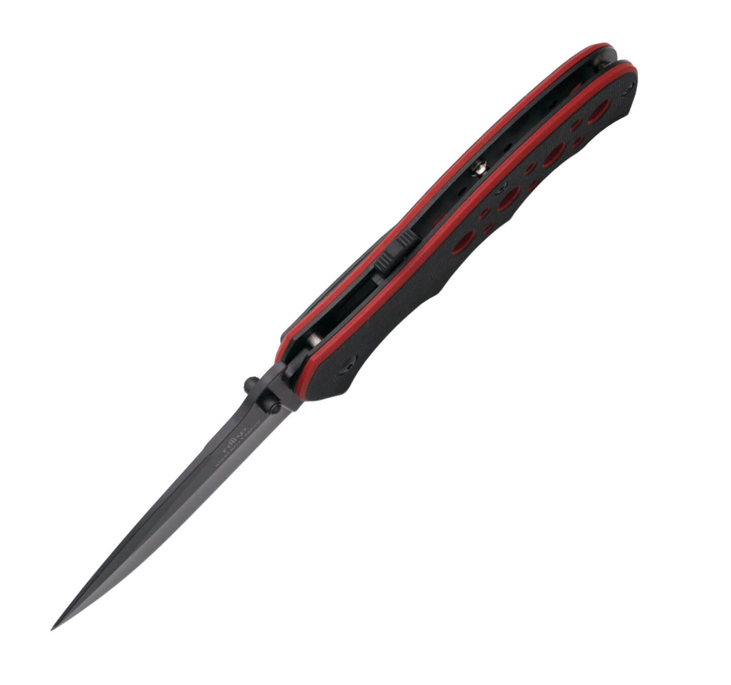 Navaja con apertura asistida y mango de G10 bicolor rojo y negro