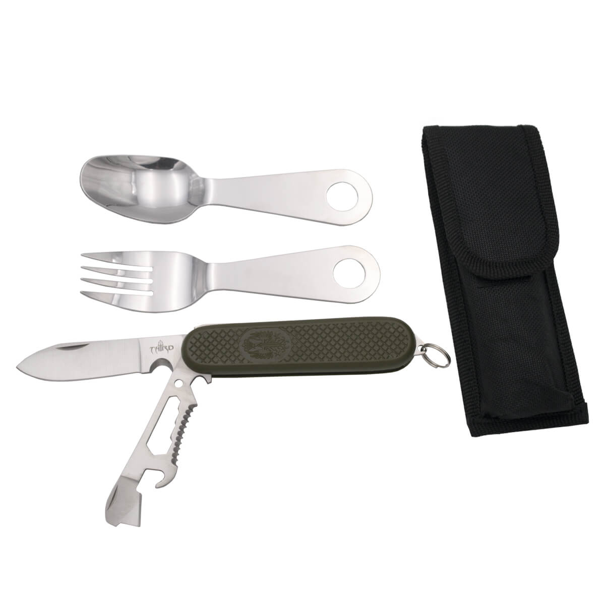 Coltello multiuso con posate da campeggio e manico in ABS verde F...