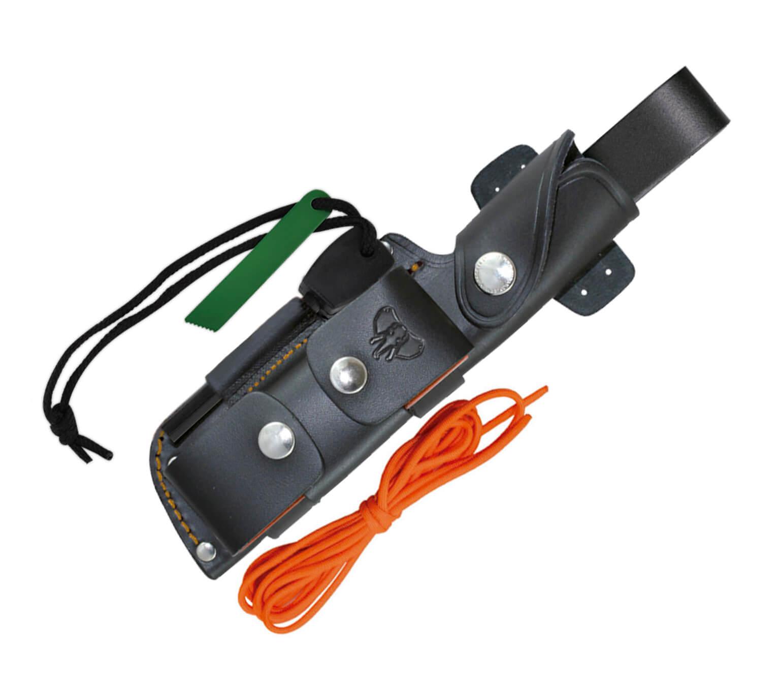 Cuchillo MT5 Cudeman. Mango G10 naranja. Acero Böhler N-695. Funda de cuero. Kit completo
