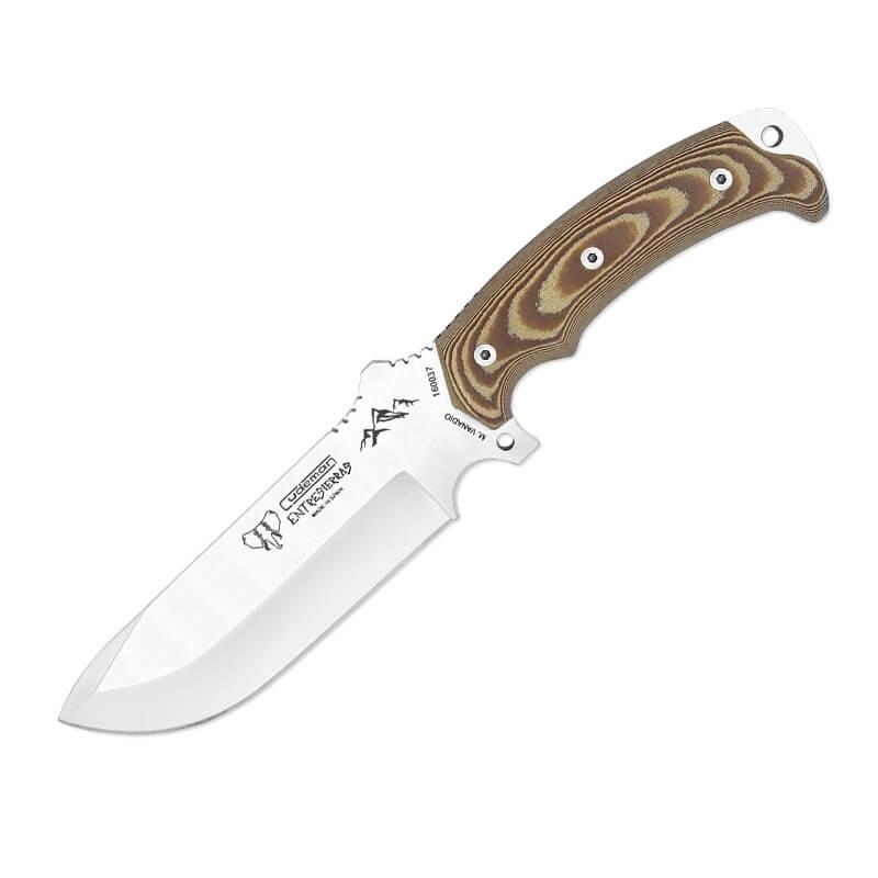 Cuchillo ENTRESIERRAS hecho con acero MOVA. Mango micarta marrón....