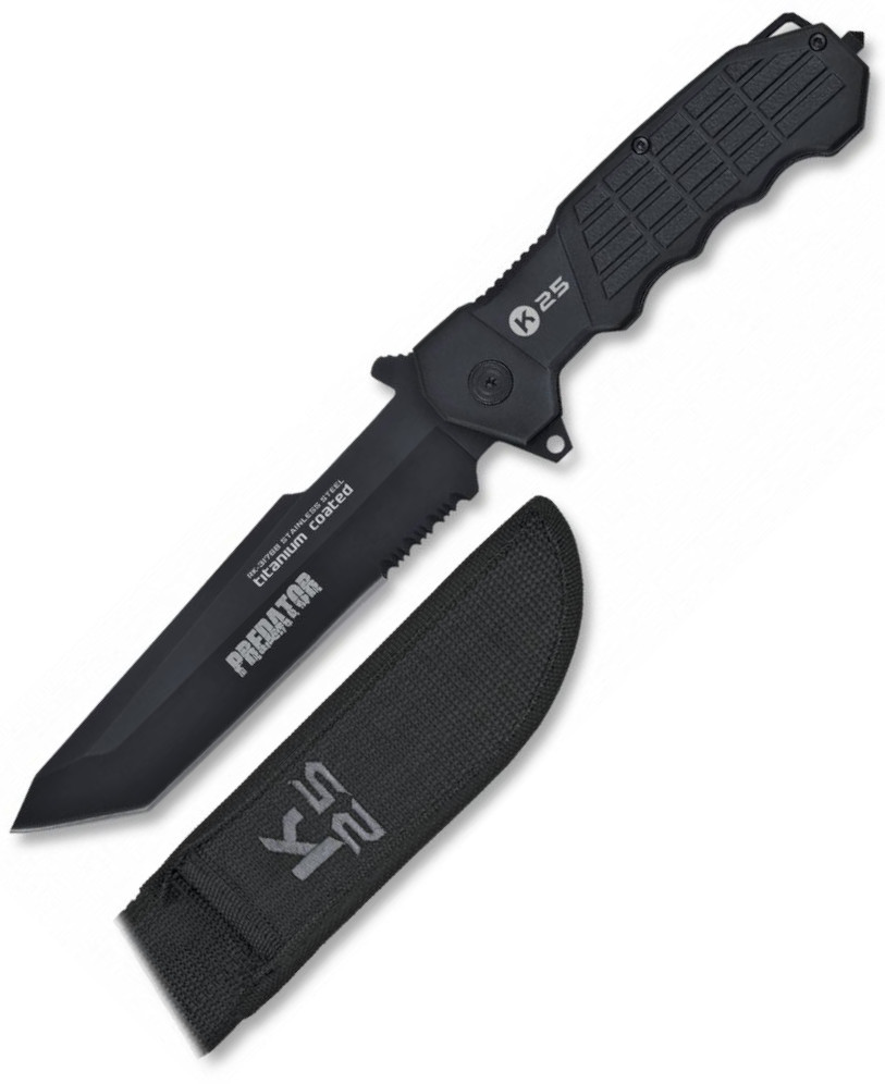 Cuchillo K25 PREDATOR NEGRO con funda y hoja de 14 cm de longitud