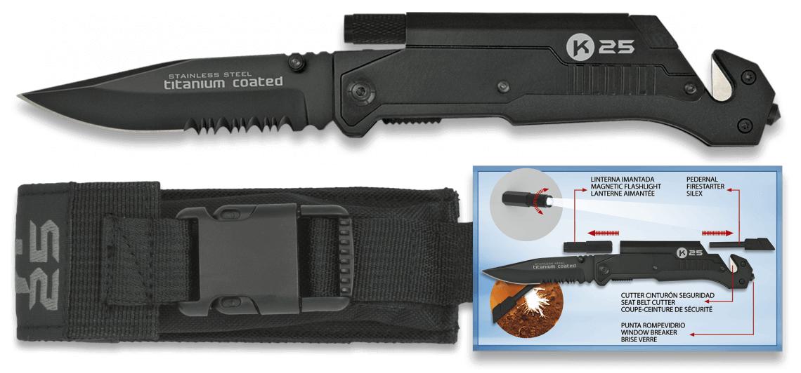 Navaja Táctica K25 negra con pedernal y linterna imantada, mango ...