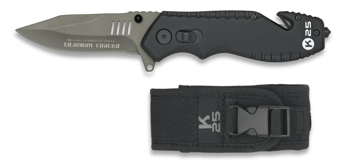 K25 tactical pocket knife with belt breaker, nylon sheath and 8 cm blade