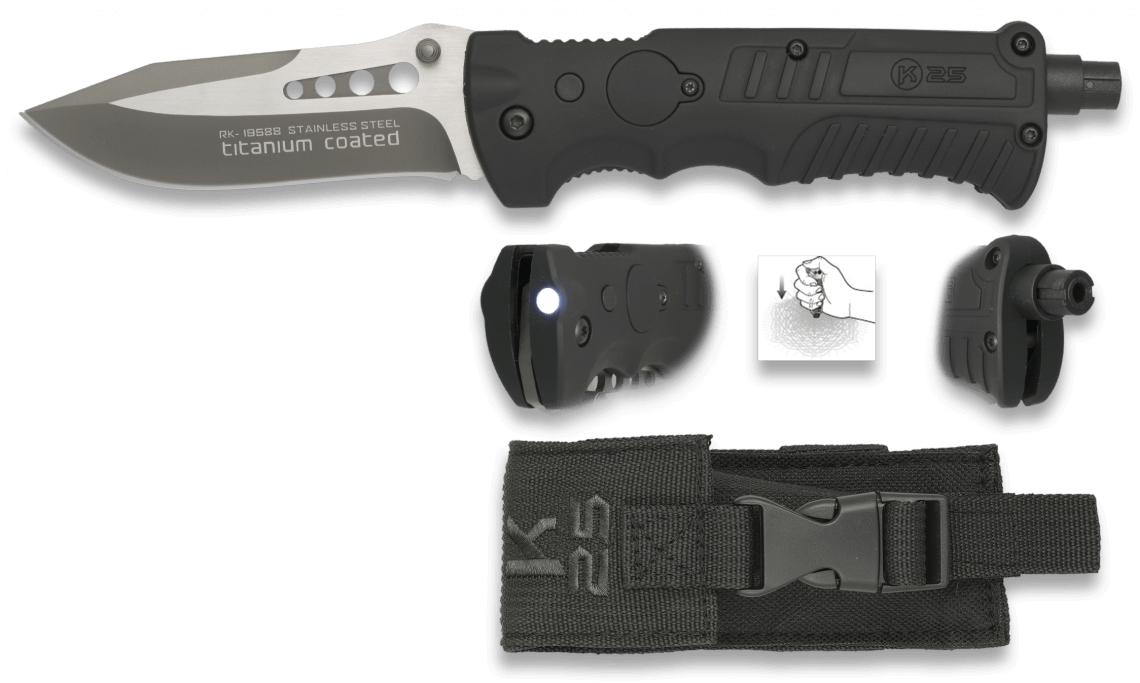 K25-Messer mit SFL-Griff, Glasbrecher, LED und titanbeschichteter 9-cm-Klinge