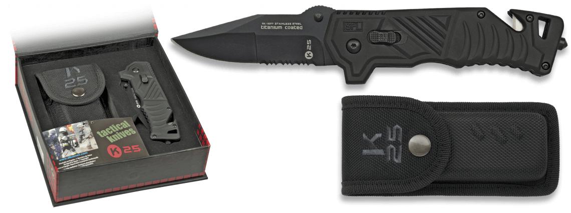 K25 taktisches Messer in einer Box mit schwarzem SFL-Griff, Nylonscheide und 8-cm-Klinge