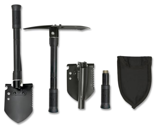 Abnehmbare Survival-Spitzhacke aus schwarzem Metall mit Schaufel