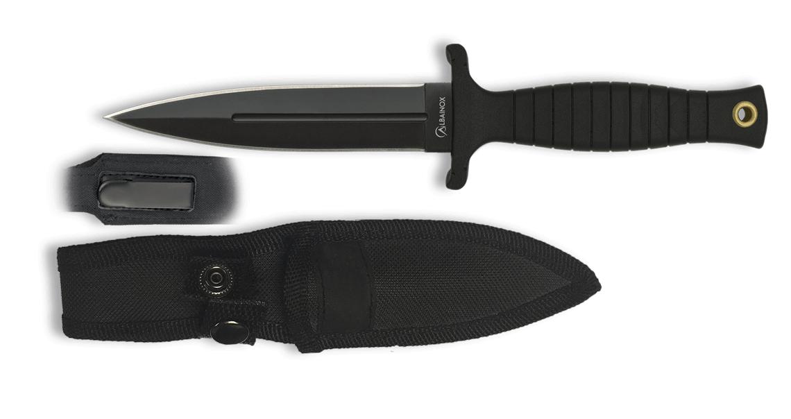 Cuchillo táctico Albainox negro de doble filo con funda de nylon y hoja de 12 cm