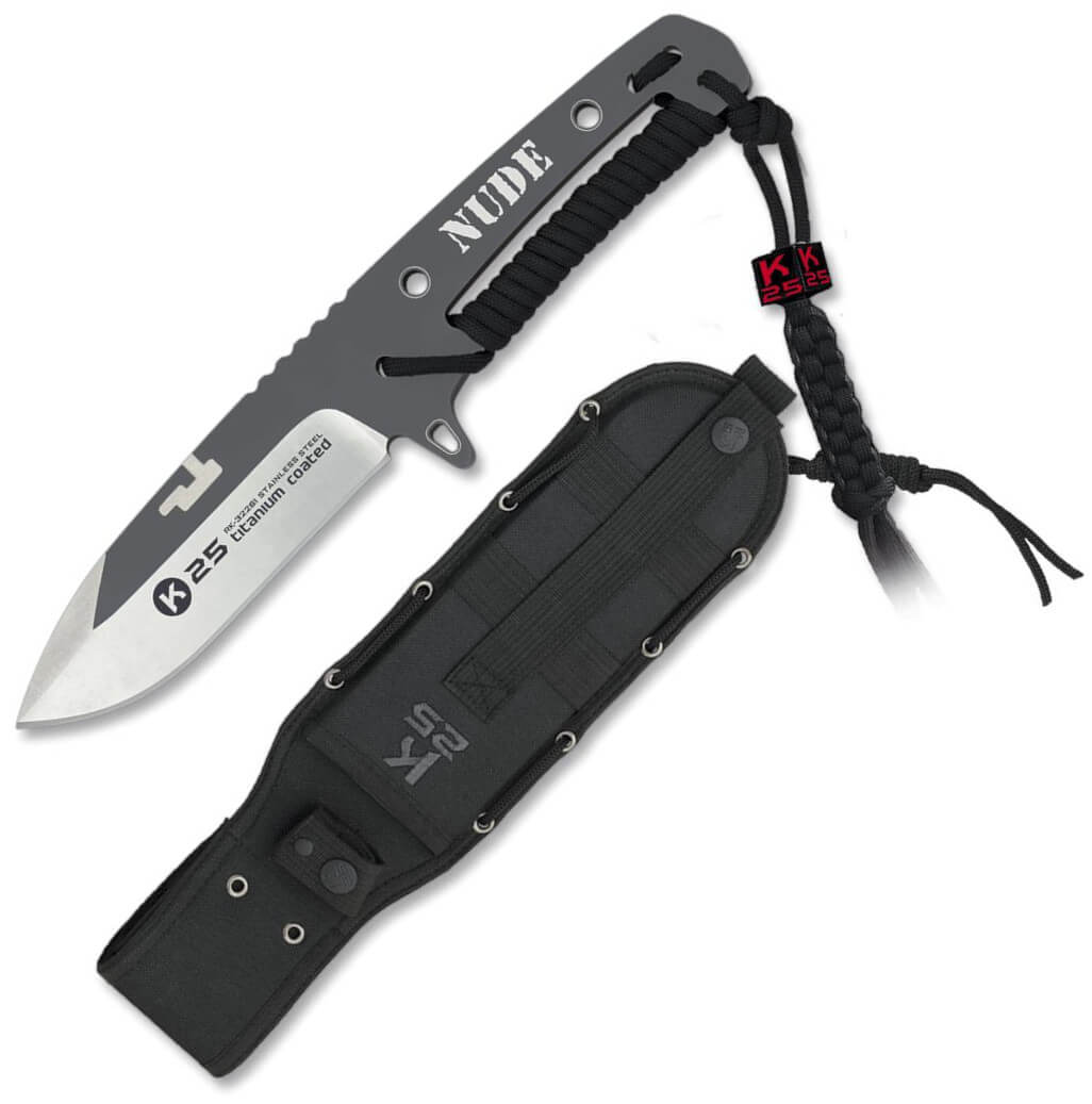 Cuchillo táctico K25 NUDE con mango encordado y hoja con grosor de 6 mm y 23,5 cm de longitud