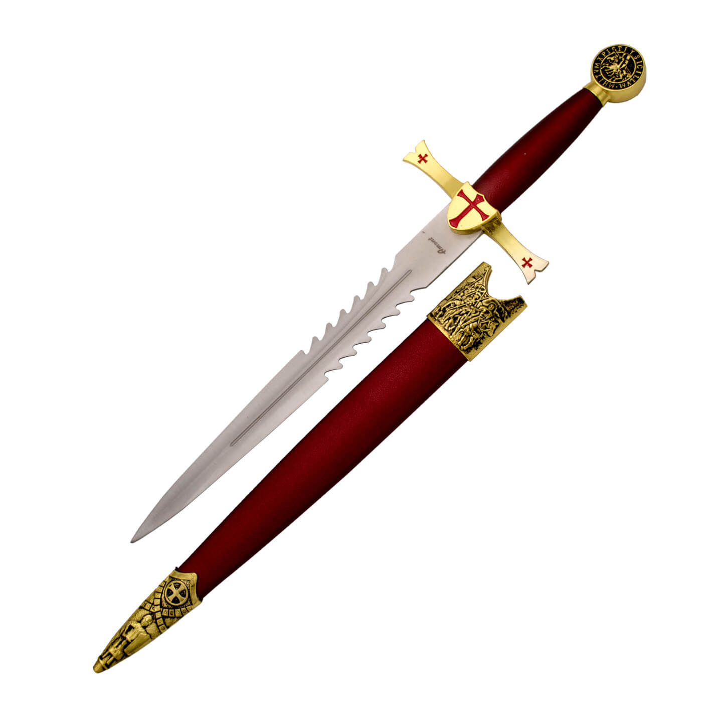 Dague templière avec lame de 24,5 cm et manche rouge avec bouclie...