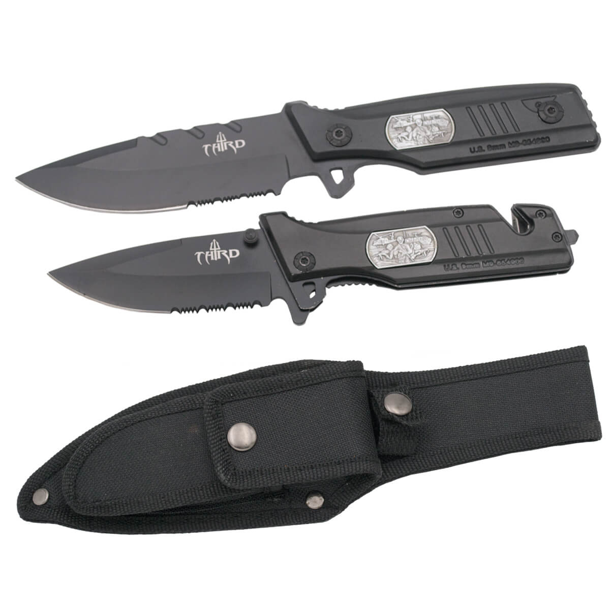 Pack cuchillo y navaja tácticos con hoja negra mitad serrada Third