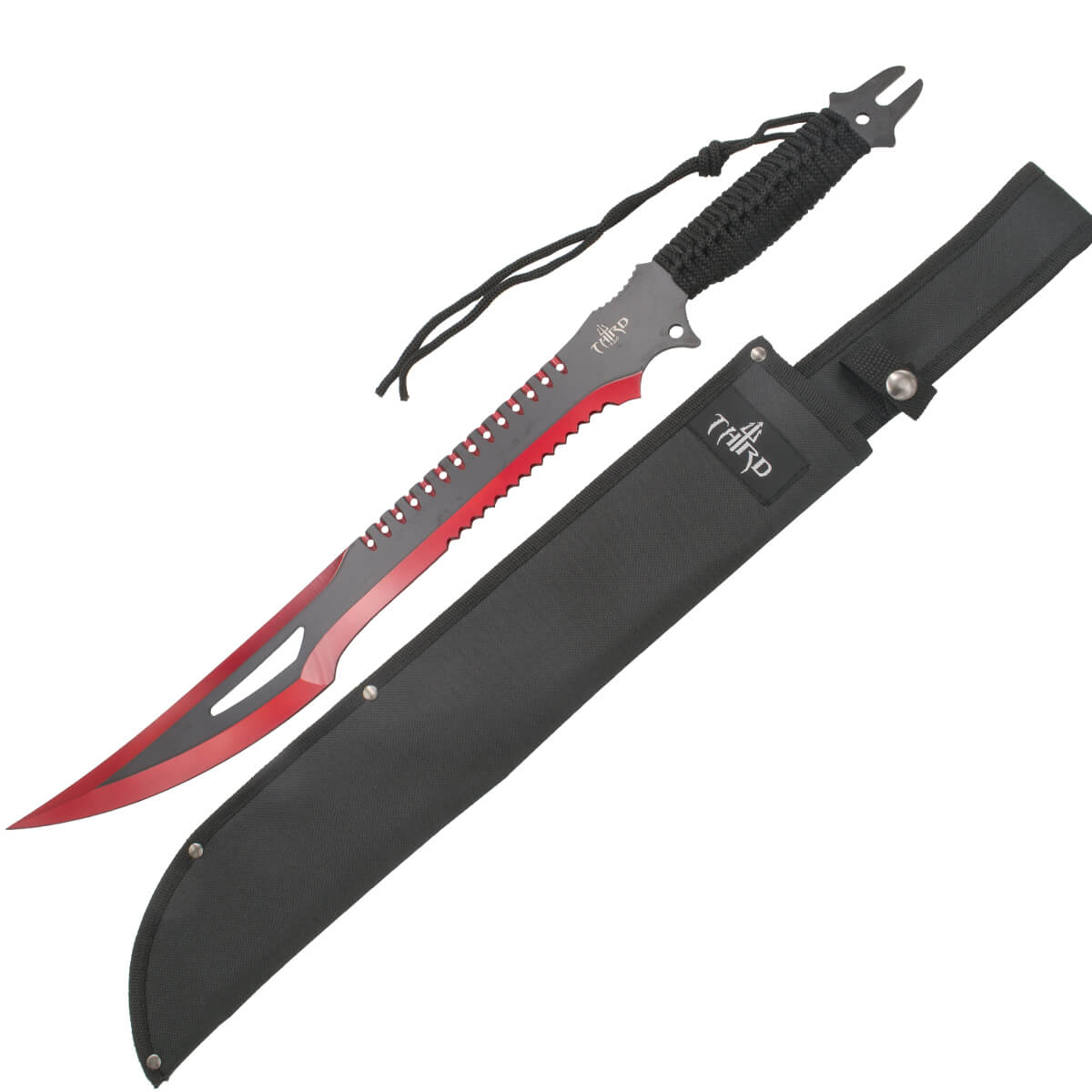 Machete cortacañas grande de 63.5 cm con hoja negra y rojo mango encordado negro H0063RD