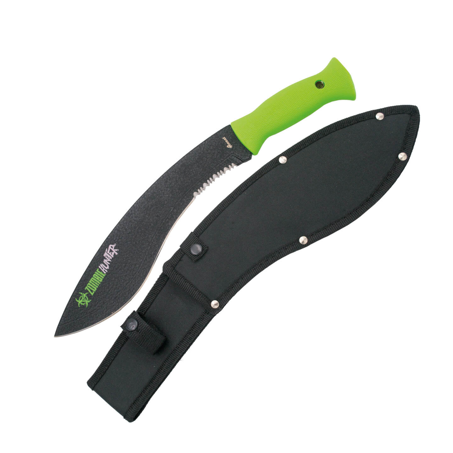 Facão zumbi com cabo em ABS verde e lâmina semi serrilhada preta S2014