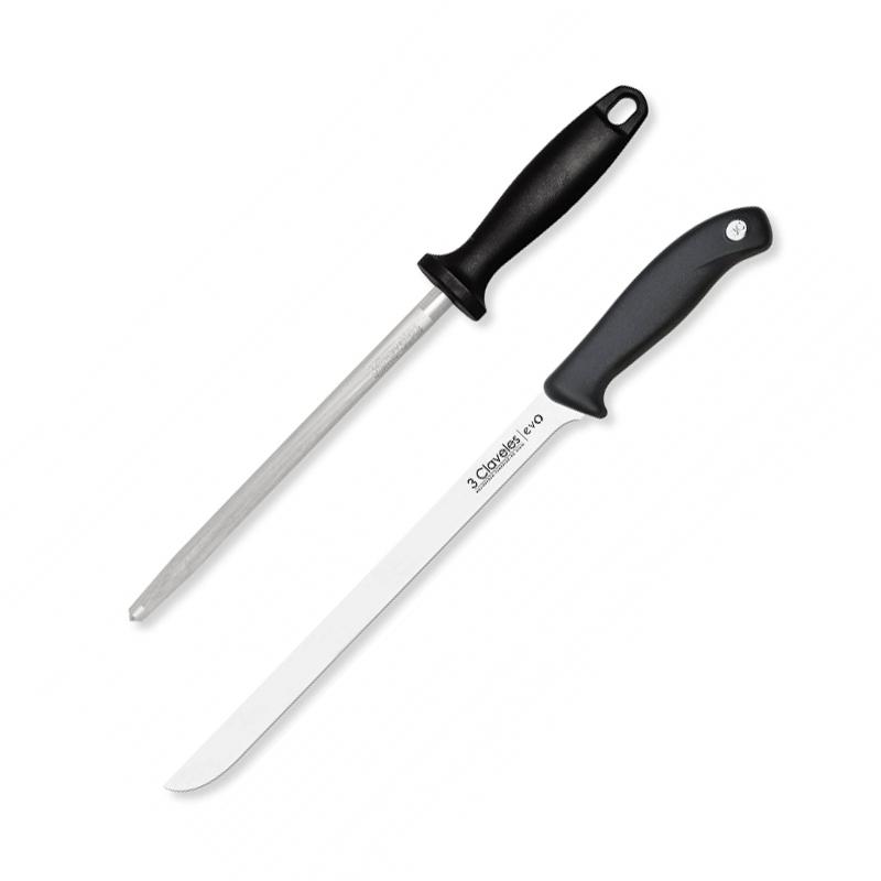 Set Cuchillo jamonero y chaira con mango de polioximetileno 3 Claveles Evo