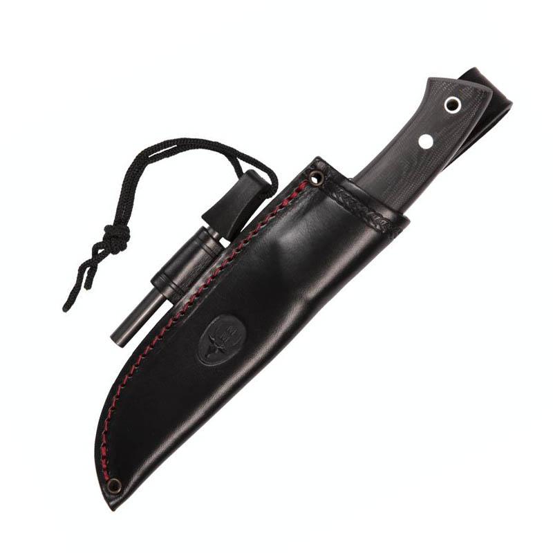 Muela Viking hunting knife with black micarta handle and leather sheath with ferrocerium