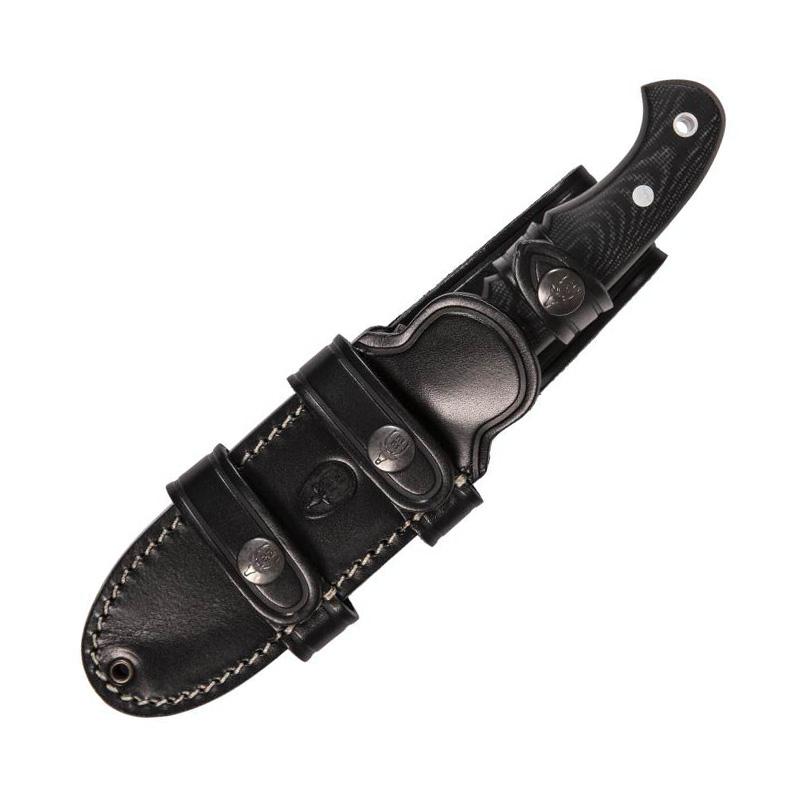 Muela Viking hunting knife with black micarta handle and multiposition leather sheath