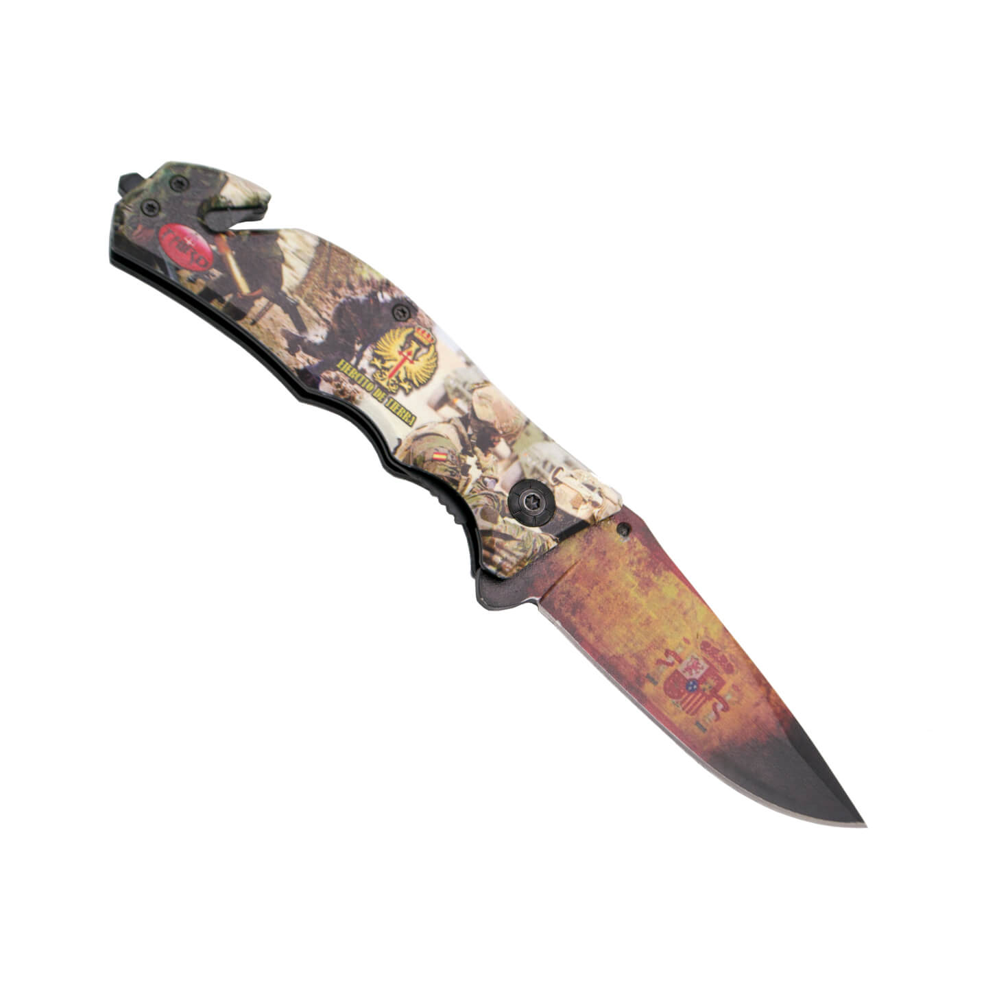 Tactical pocket knife coated with Army design