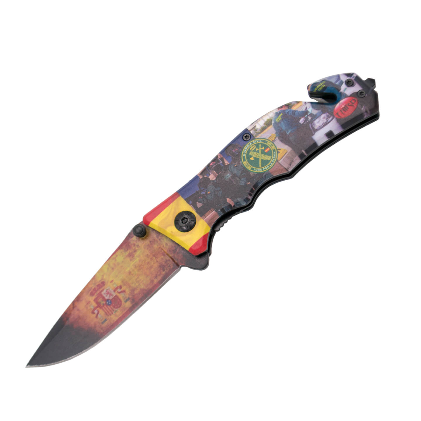 Tactical pocket knife coated with Guardia Civil drawing.