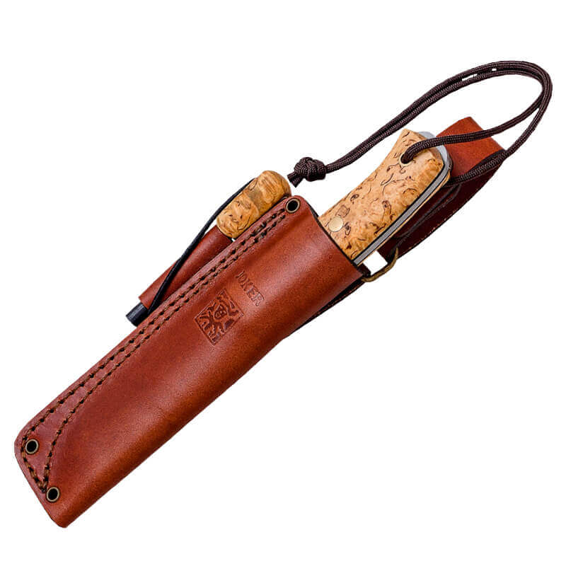 Cuchillo bushcraft Joker BS9 Ember con mango de madera de abedul y hoja de Sandvik 14C28N con pedernal