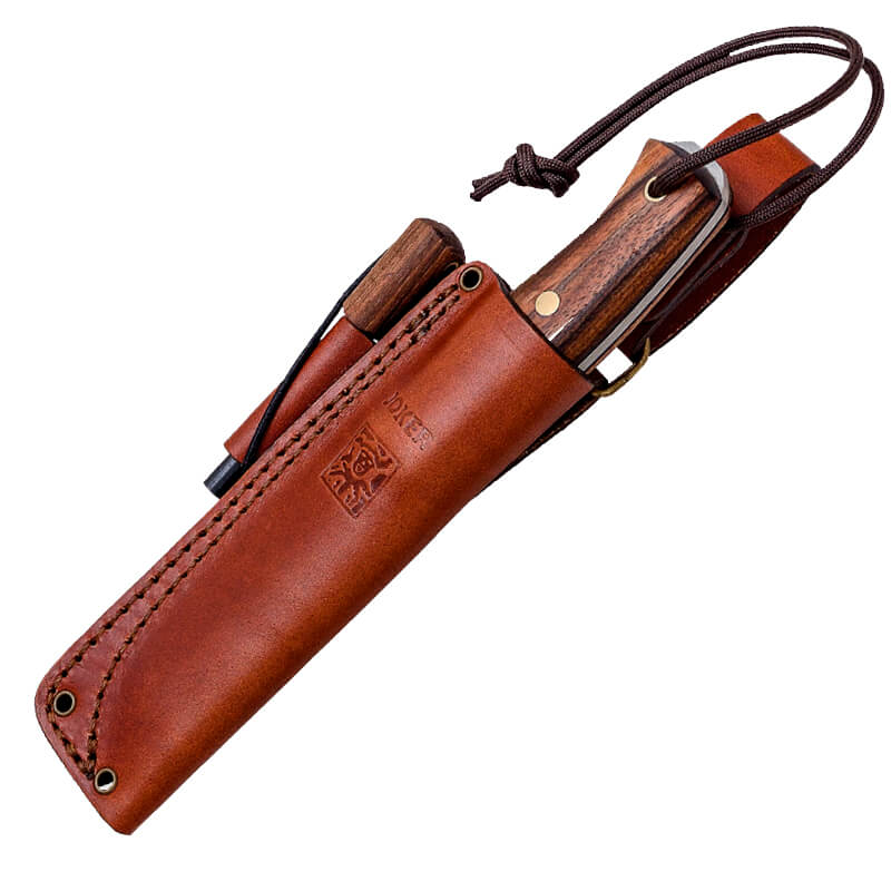 Coltello Joker BS9 Ember F bushcraft con manico in noce e lama Sandvik 14C28N con pietra focaia