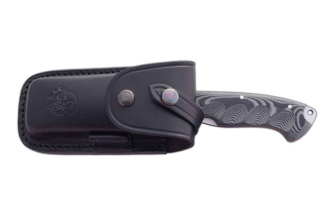 JV Cartago pocket knife with black micarta handle and leather sheath