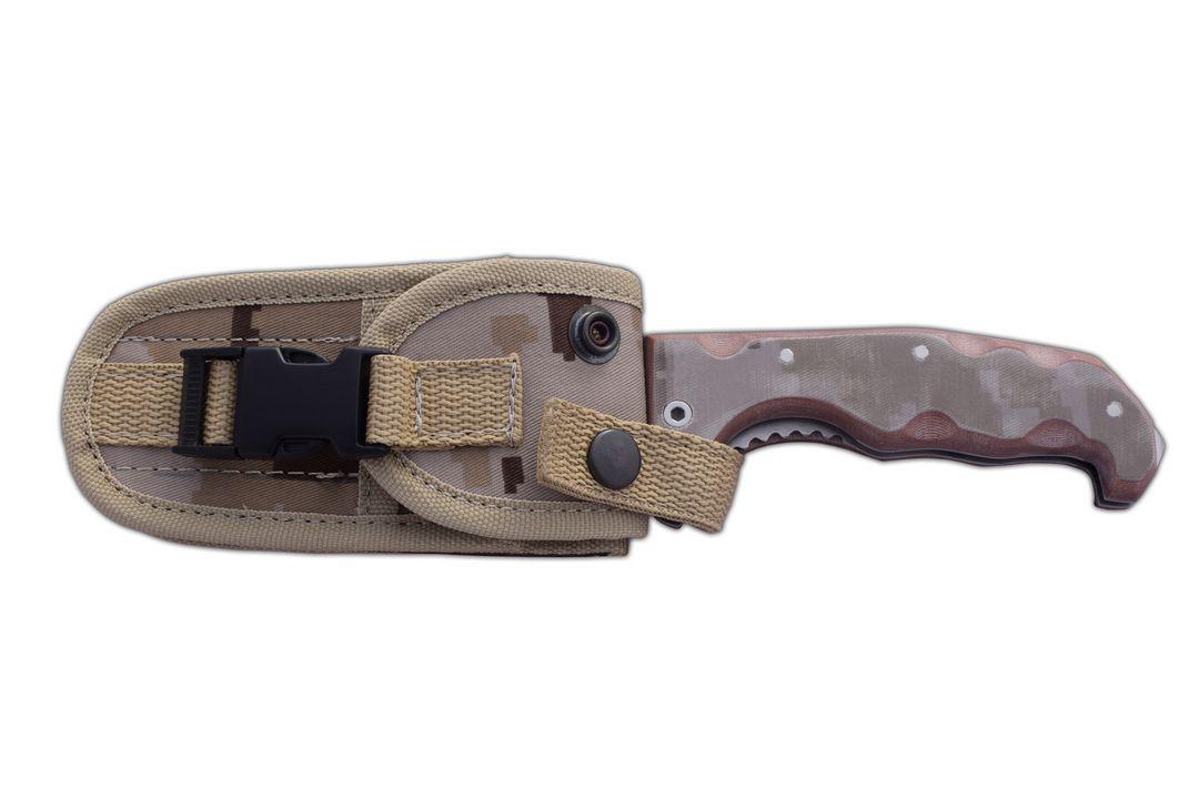 JV Raptor bushcraft pocket knife with tracker blade and camo micarta handle multiposition cordura sheath