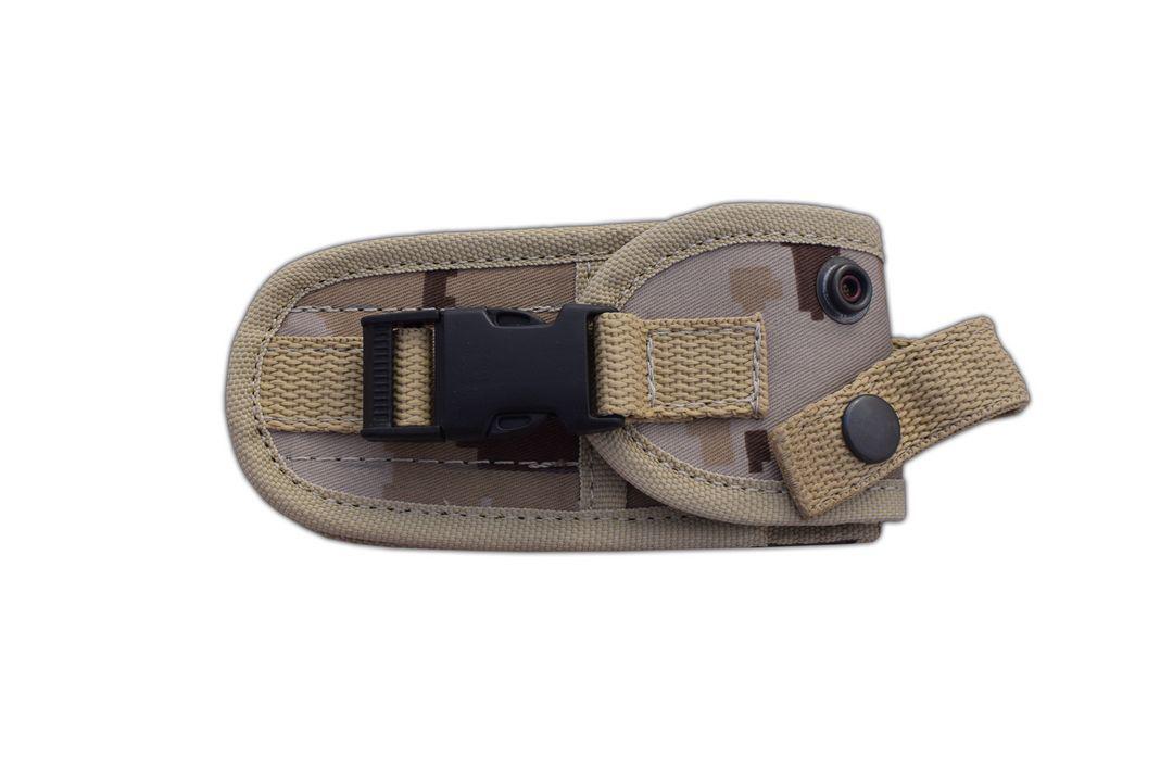 JV Raptor bushcraft pocket knife with tracker blade and camo micarta handle multiposition cordura sheath