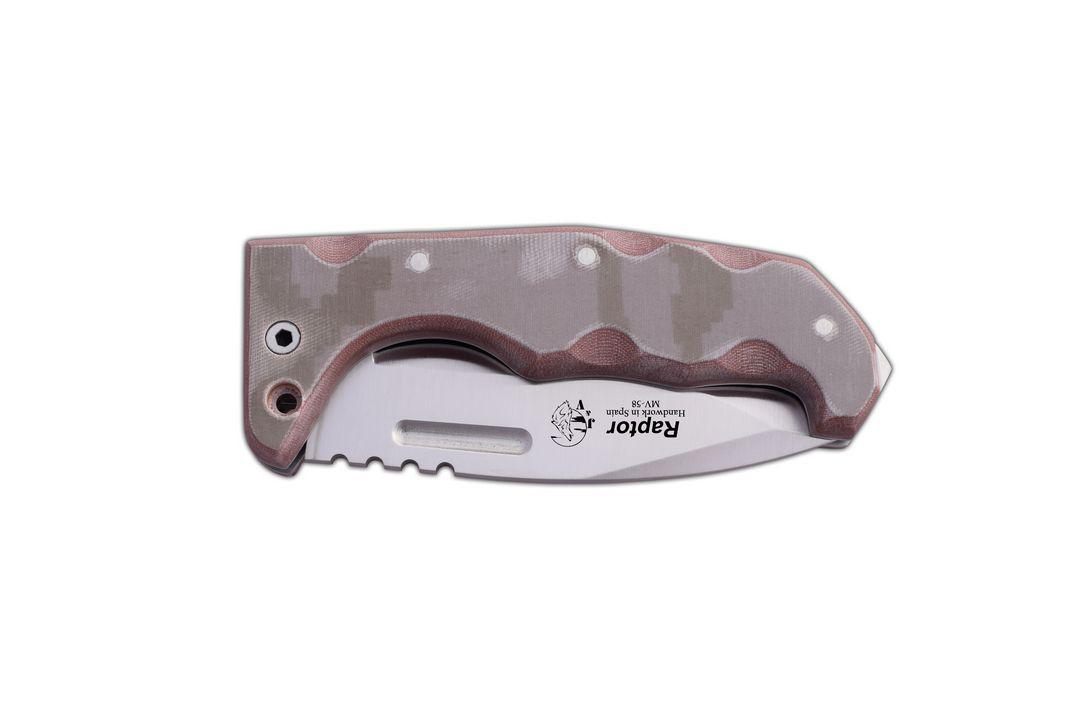 JV Raptor bushcraft pocket knife with tracker blade and camo micarta handle multiposition cordura sheath