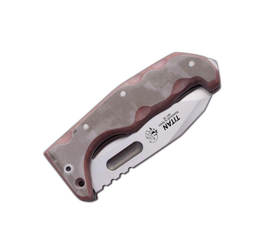 JV Titan Micarta camo pixel knife with cordura multiposition sheath